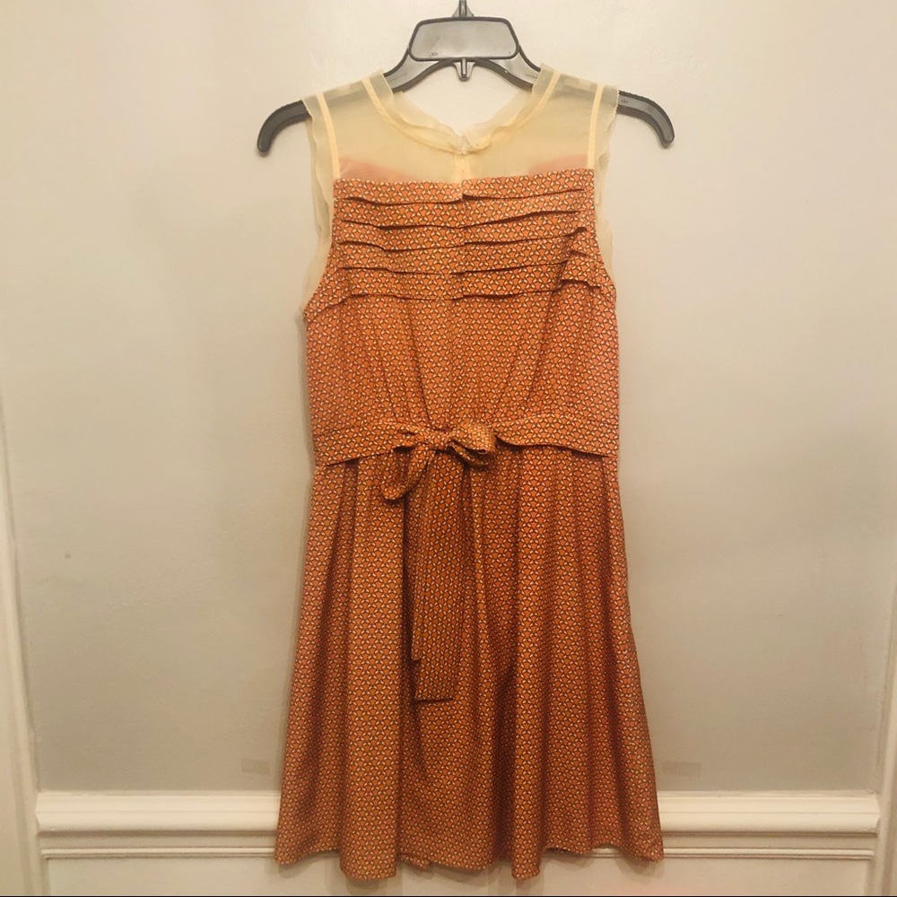EUC orange print sheer top ruffle neck dress Esley